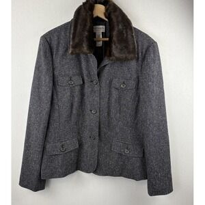 Villager Liz Claiborne Blazer 18 Removable Faux Fur Collar Charcoal Tweed Pocket